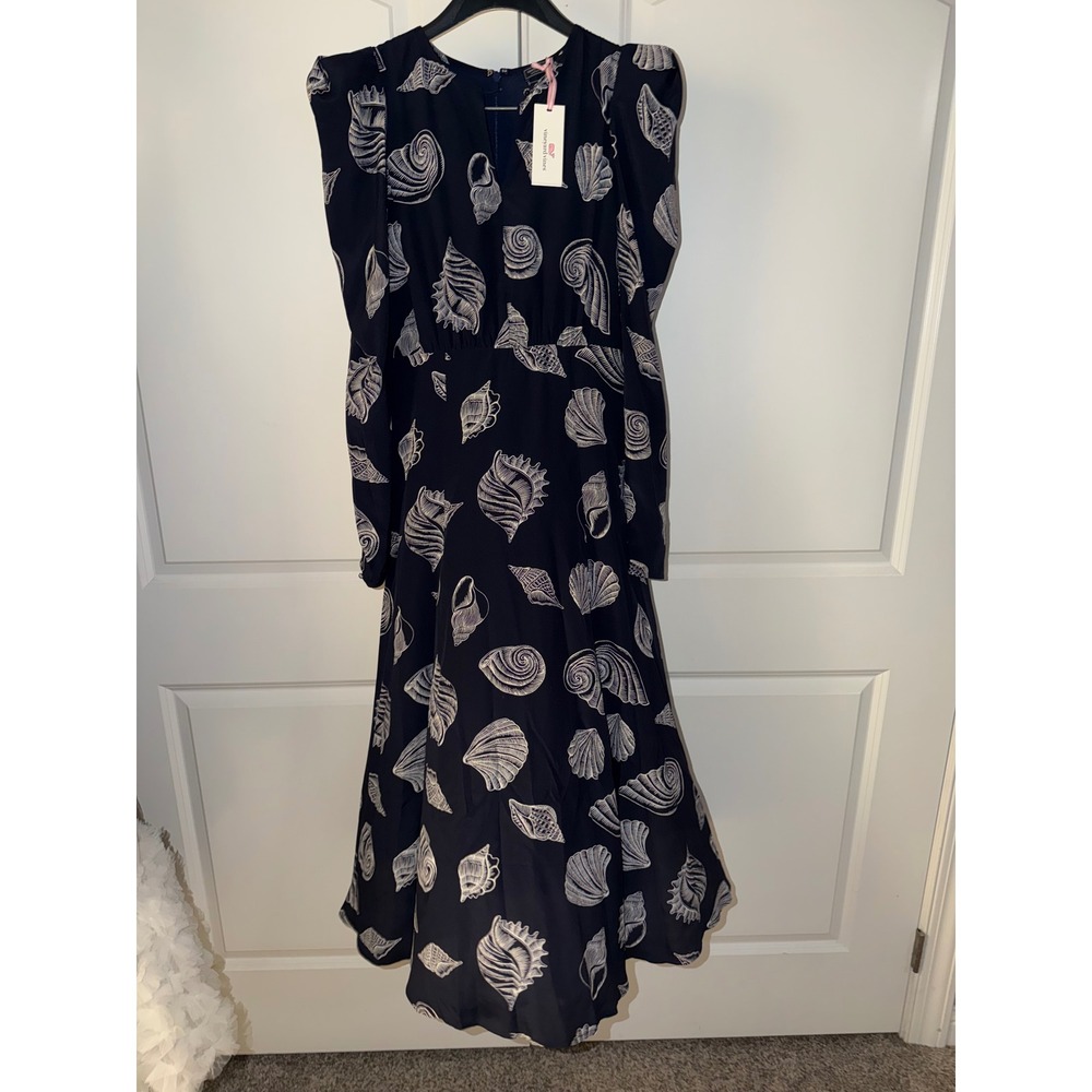 Vineyard Vines Tossed Shell Navy Puff Sleeve Midi Dress 2Q011604-E559 Womens 8